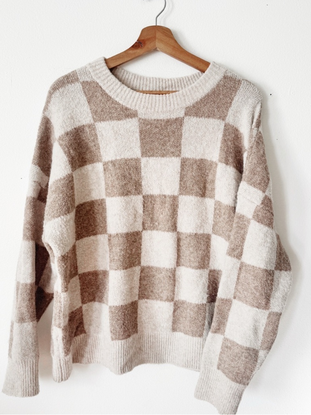Miracle Cozy Checkered Knit Sweater in Cream and Taupe S/M